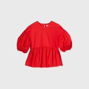 Red Puff Sleeve Blouse With Tiered Hem - Womens Fashionable Top For Casual & For